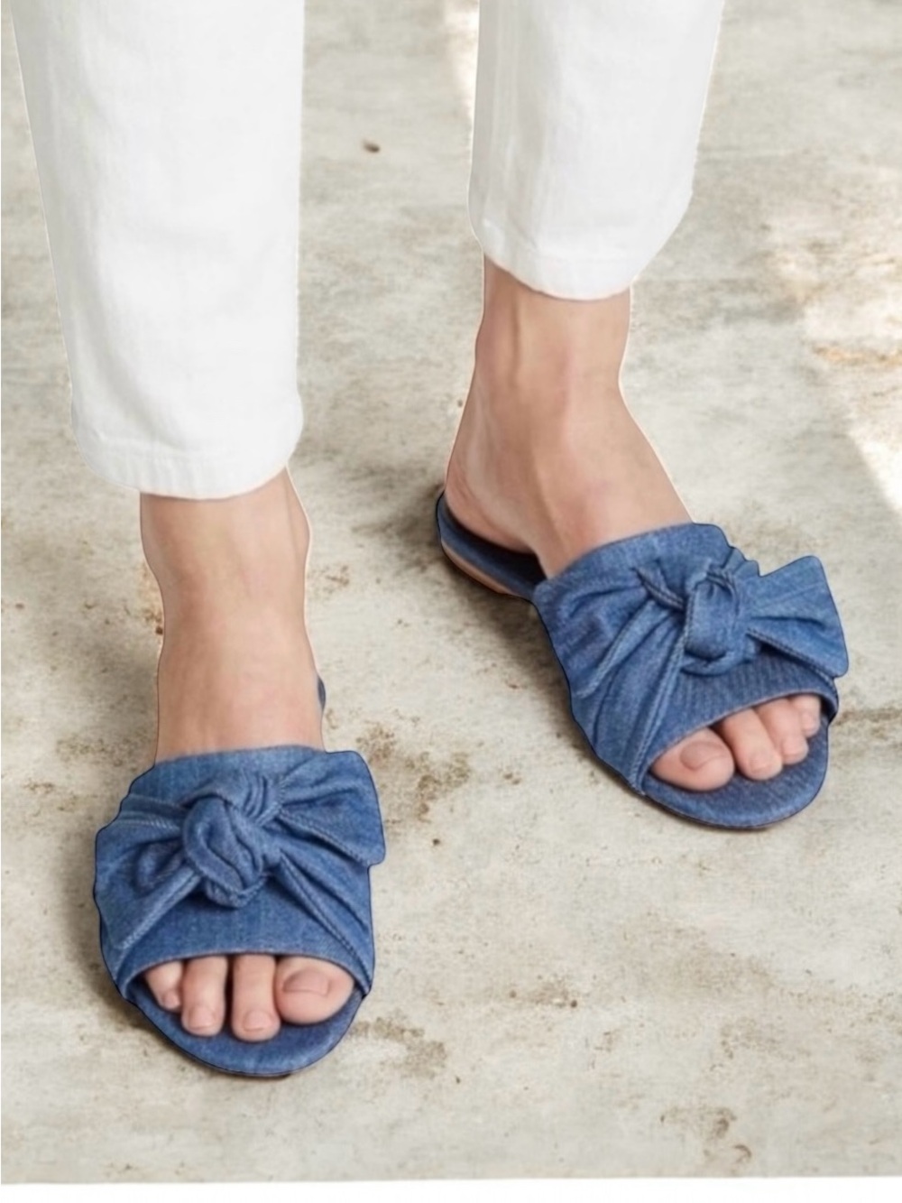 Tory Burch Annabelle Bow Sandals Slide in Blue Denim Chambray